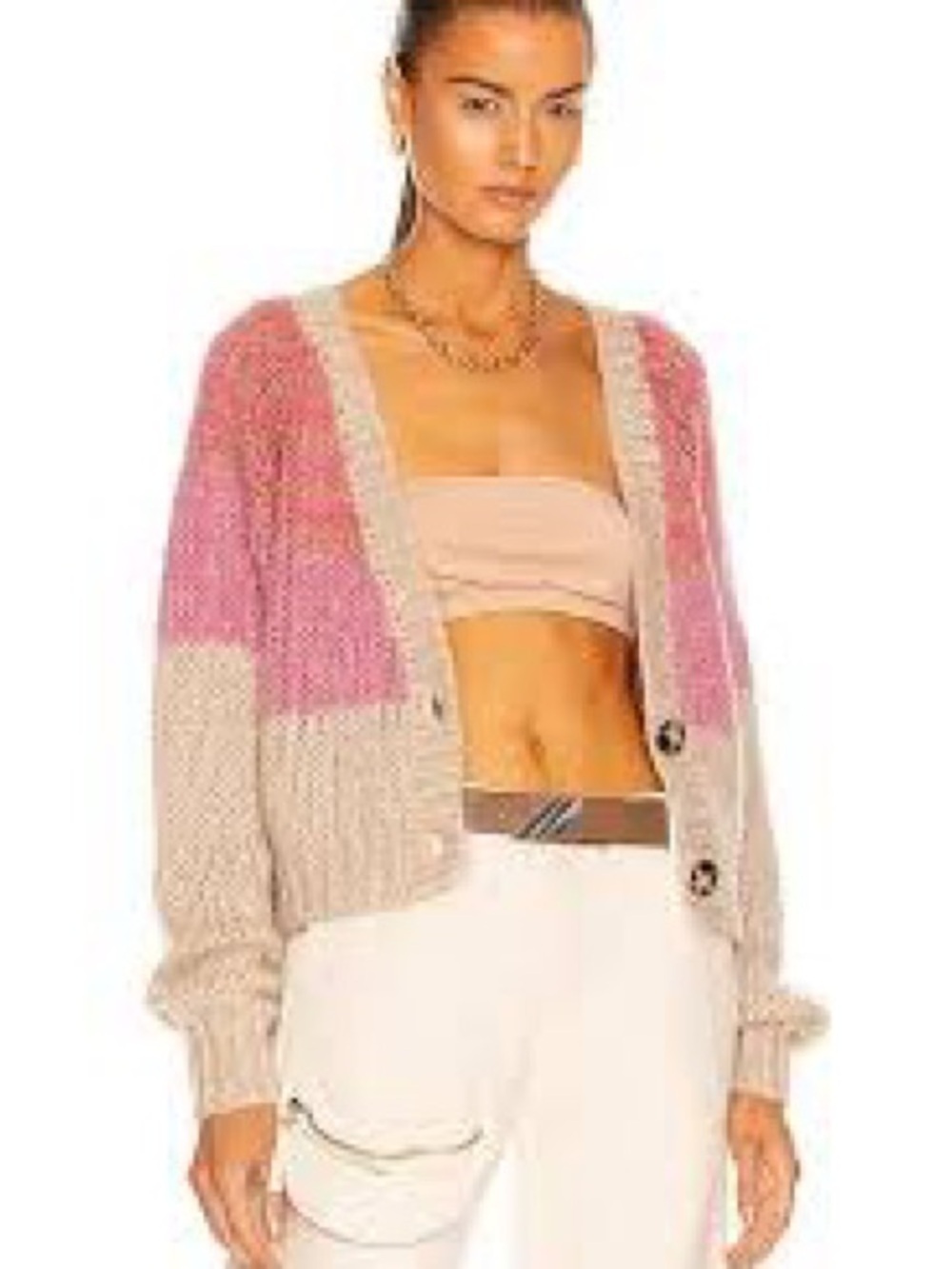 Revolve Remain Ester -Colorblock Pink and Cream Knit Button-Front Cardigan